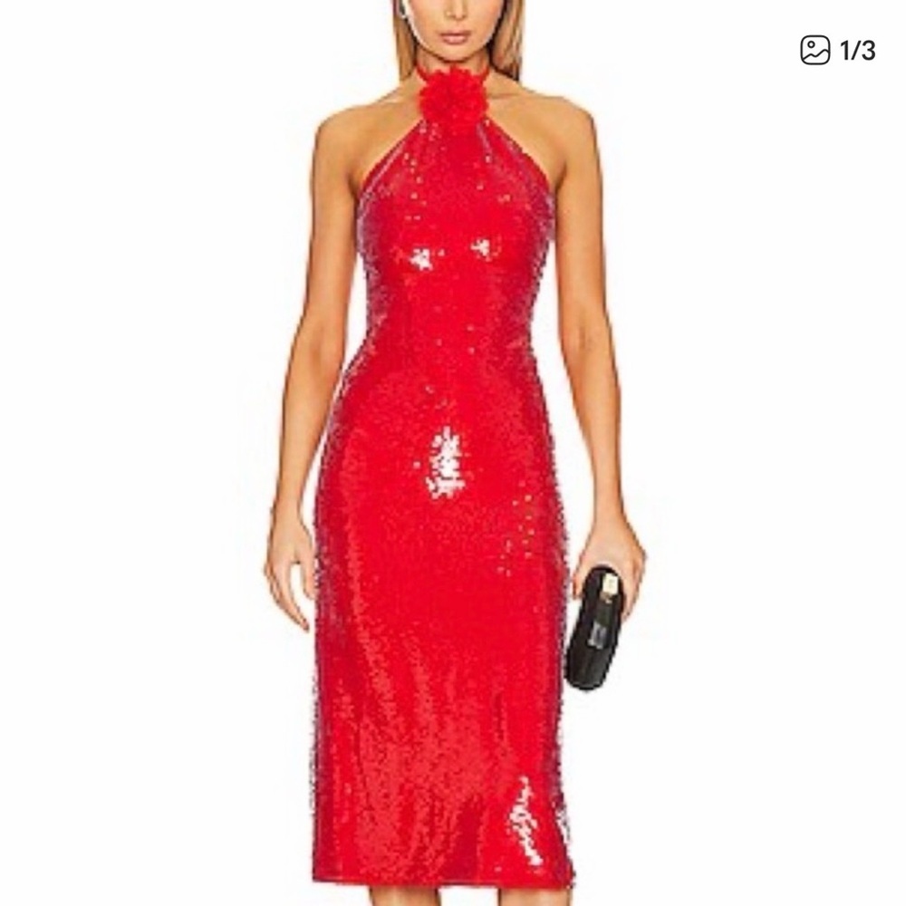 Le superbe red sequin low back midi dress